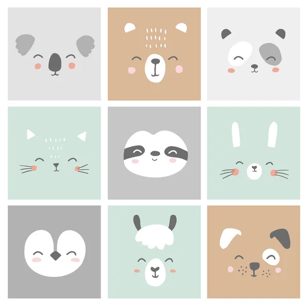 Lindos y simples retratos de caras de animales: liebre, oso, perezoso, gato, koala, alpaca, llama, panda, pingüino, perro. Diseños para ropa de bebé. Personajes dibujados a mano Ilustración vectorial . — Vector de stock