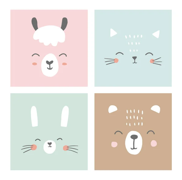 可爱的简单的动物脸肖像-卡瓦伊动物。兔子，熊，猫，羊驼，美洲驼。用于婴儿服装、海报、贺卡的设计。手绘人物矢量说明. — 图库矢量图片