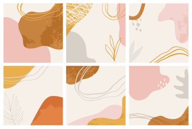 Soyut modern arka planlar. Elle çizilmiş çeşitli şekiller ve karalama nesneleri. Çağdaş modern trend vektör çizimleri. Posterler, instagram gönderileri, sosyal medya.
