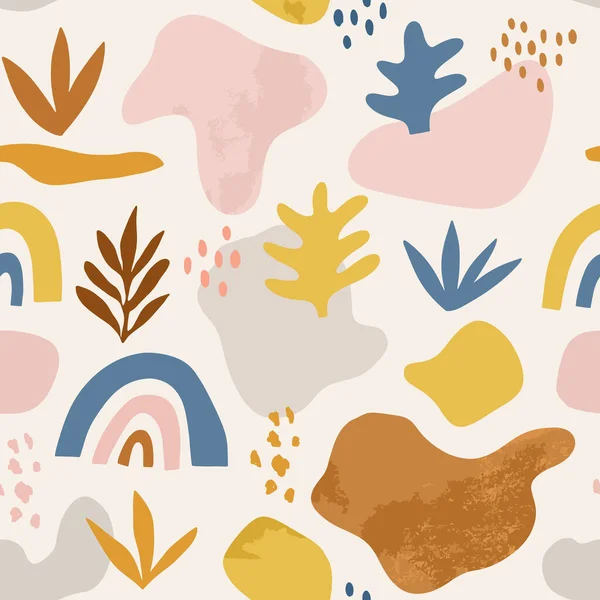 Seamless childish pattern with hand drawn abstract shapes, leaves and rainbows. Tropical summer, trendy, scandinavian kids fabric, wrapping texture, textile, wallpaper, poster, apparel. 