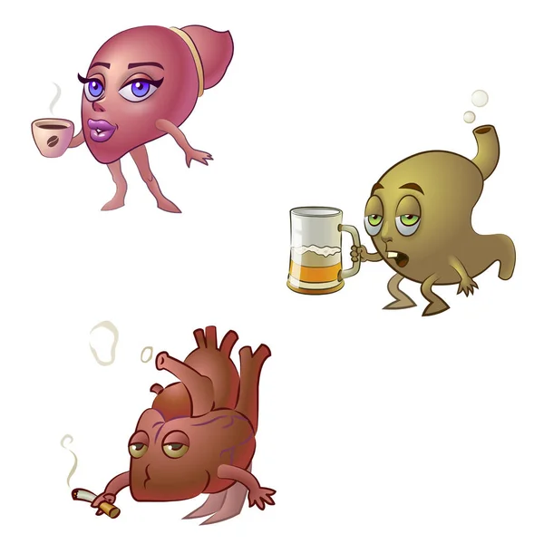 Funny human organs liver drinks coffee stomach drinks beer heart smoking cigarette