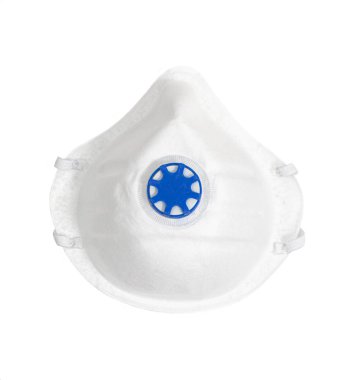 Kapakçıklı solunum cihazı beyaz arkaplanda izole edilmiş toza karşı korur.