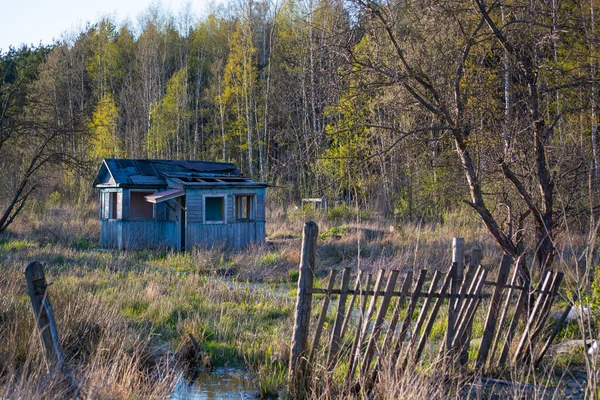 봄철에 버려진 정원의 땅. 쓰러진 나무 건물 들. — 스톡 사진