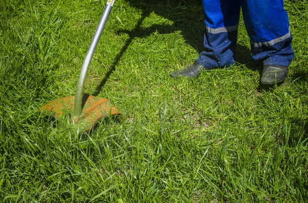 Hombre en la primavera corta una hierba alta con un oblicuo eléctrico — Foto de Stock