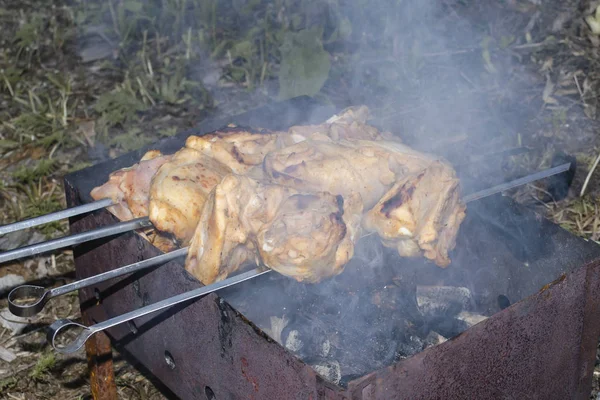 Pernas de frango fritas em espetos assados sobre carvão vegetal na grelha grande. Vista de perto . — Fotografia de Stock