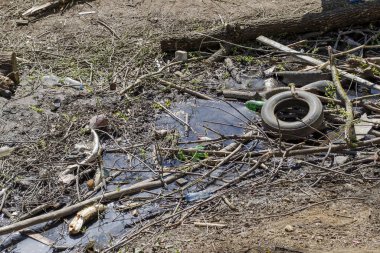 Arabadaki eski tekerlek derenin yakınındaki çöpe atılır.
