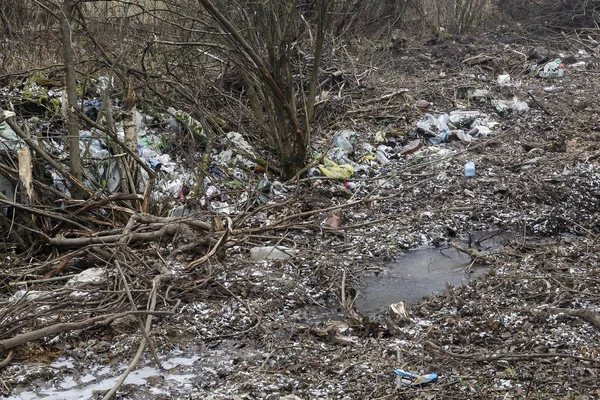Çalılıklarda çöp var. Evdeki plastik çöpler çalılıklara saçılmış.