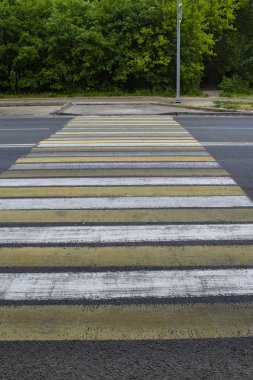 Yaya geçidi ve yaya geçidi manzaralı yağmurlu şehir yolu, sokak ya da cadde yaz günü sarı ve beyaz zebra çizgileri ile kaplı.