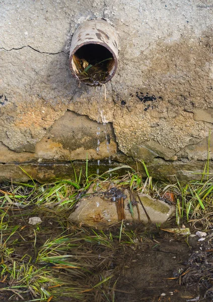 L'eau de pluie coule d'une gouttière dans une maison — Photo