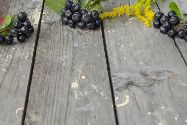 Red ripe berries of chokeberry, aronia (Aronia melanocarpa) and yellow goldenrod flowers (Solidago) on wooden table. Horizontal photo — Stock Photo, Image