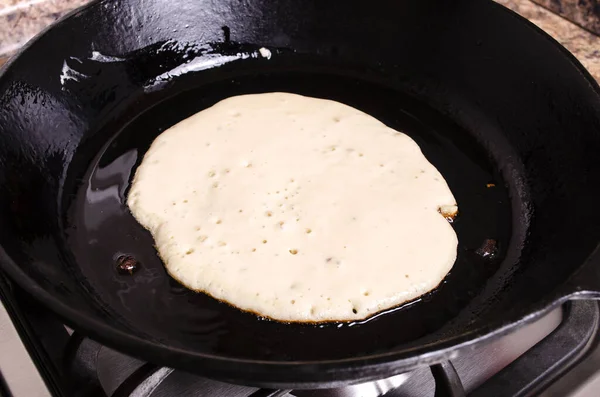 Pancakes Fried Cast Iron Skillet Gas Stove — Stock Photo, Image