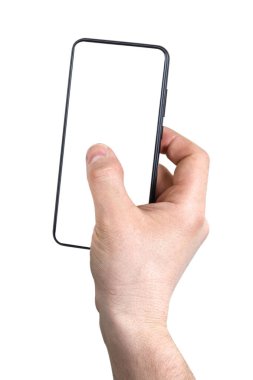 Erkek eli akıllı telefon tutar. Beyaz arkaplanda izole et.