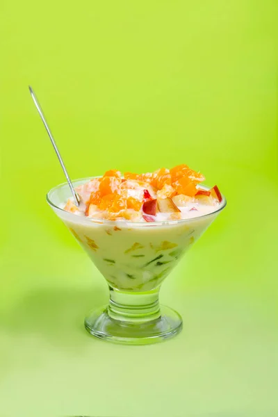 Fruit Salad Kiwi Nectarine Tangerine Apple Yogurt Glass Bowl Spoon — Stock Photo, Image