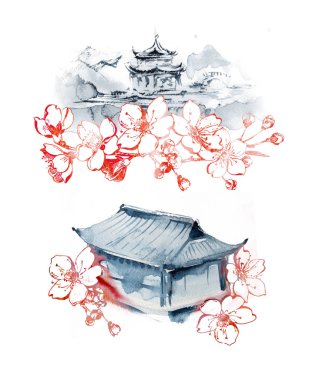 Suluboya el boyası Doğu Pagoda ve grafik kiraz çiçeği.