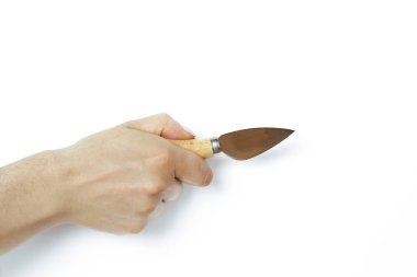 Wooden handle cheese knife isolated on white background.