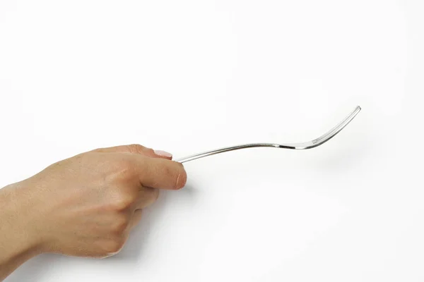 Woman holding fork in the hand, isolated — 스톡 사진