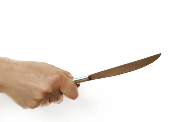Ένα χέρι που κρατά ένα μαχαίρι που απομονώνονται σε λευκό φόντο — Φωτογραφία Αρχείου