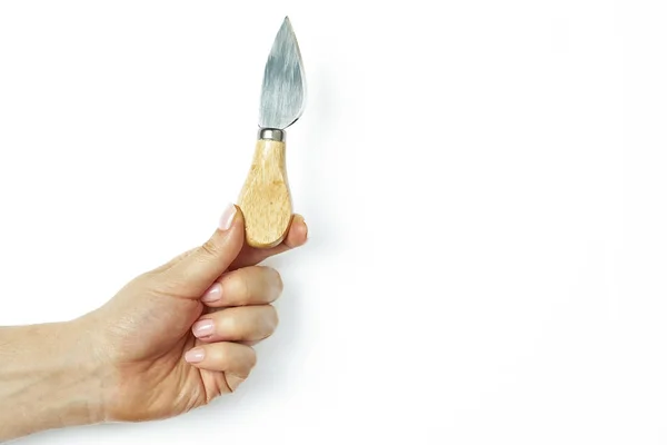 白い背景に隔離された木製のハンドルチーズナイフ. — ストック写真