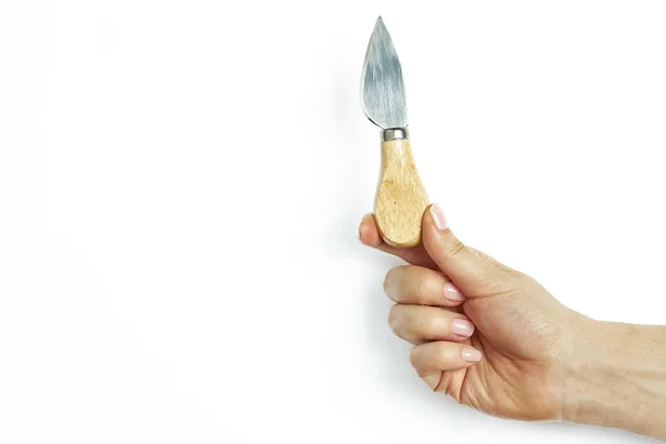 白い背景に隔離された木製のハンドルチーズナイフ. — ストック写真