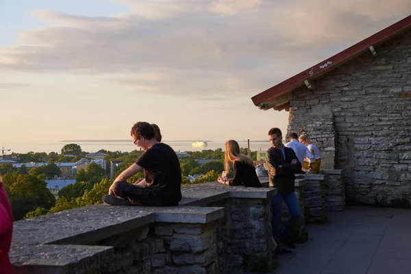 2017-08-06 Tallinn Estland Kvinna sightseeing Tallinn landmärken semester i Estland resor livsstil flicka turist koppla av vid utsiktspunkten Gamla stan flygfoto arkitektur — Stockfoto