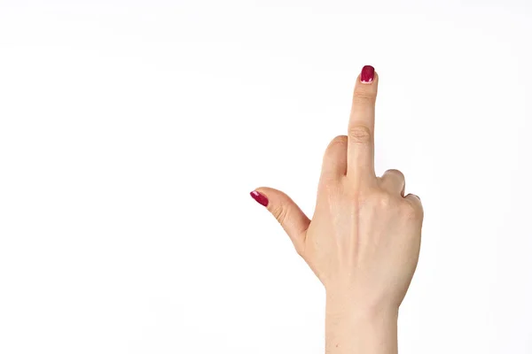 Mano apuntando hacia arriba dedo medio, concepto de señal de mano grosera o gesto de mano, estudio aislado — Foto de Stock