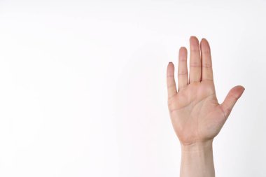 Female hand extended in greeting isolated on white. Number five