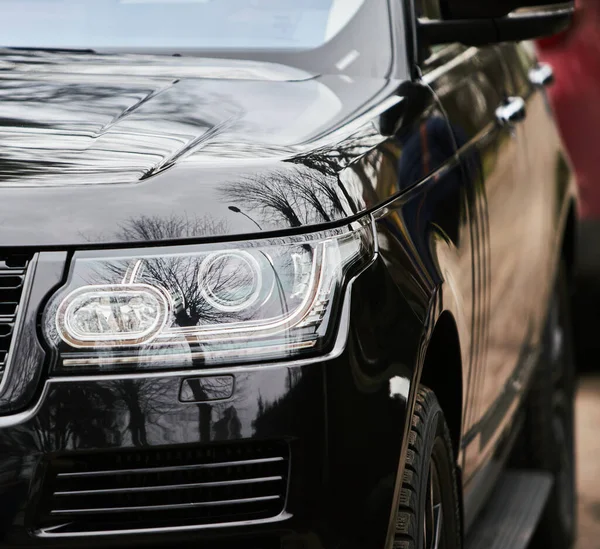 Macro Vista Del Faro Moderno Lámpara Del Coche Negro — Foto de Stock