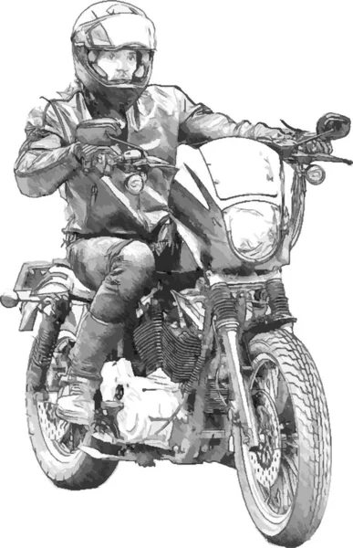 Man at chopper bike. Black and white sketch.