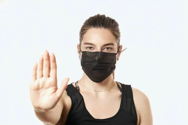 Young Woman Wearing Protective Mask Face Showing Stop Sign Confident — Stock Photo, Image