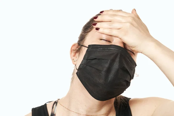 Worried Scare Panicked American Woman Medical Mask Concerned Viral Pandemic — Stock Photo, Image