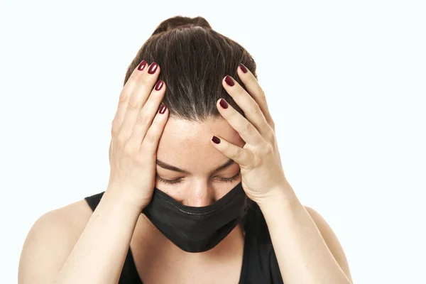 Worried Scare Panicked American Woman Medical Mask Concerned Viral Pandemic — Stock Photo, Image