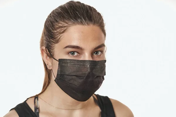 Close Portrait Pretty Female Wearing Surgical Mask Isolated White Background — Stock Photo, Image