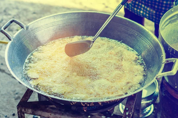 Freshly Fried Bananas Pan Street Food Thailand Boiling Oil Pan — Stock Photo, Image