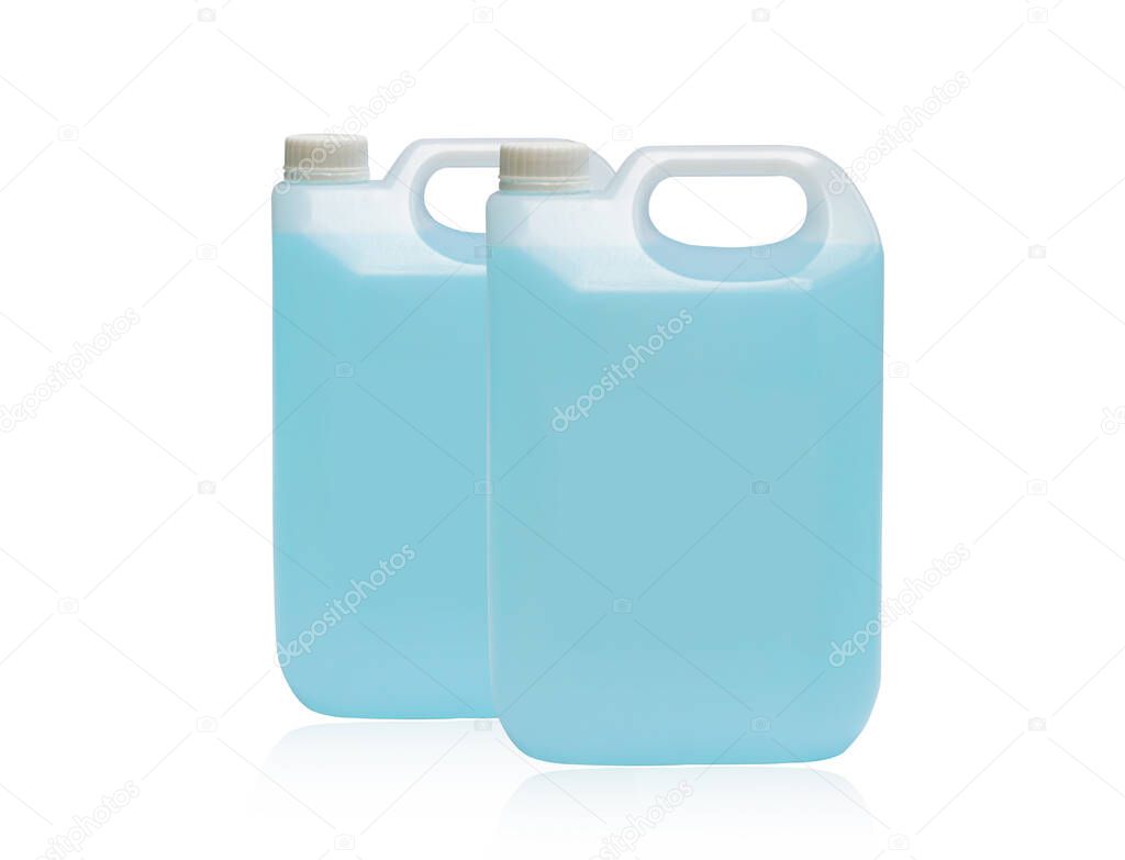 Alcohol for cleaning and sanitizing is contained in gallons. Many gallon alcohol gel for sanitizing Coronavirus Covid-19. Products for sale to anti Coronavirus protection (Covid 19).