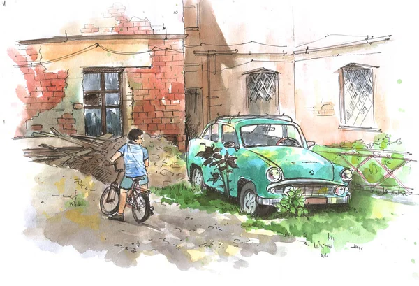 Pátio abandonado com carro velho e um menino em um sketach aquarela de bicicleta — Fotografia de Stock