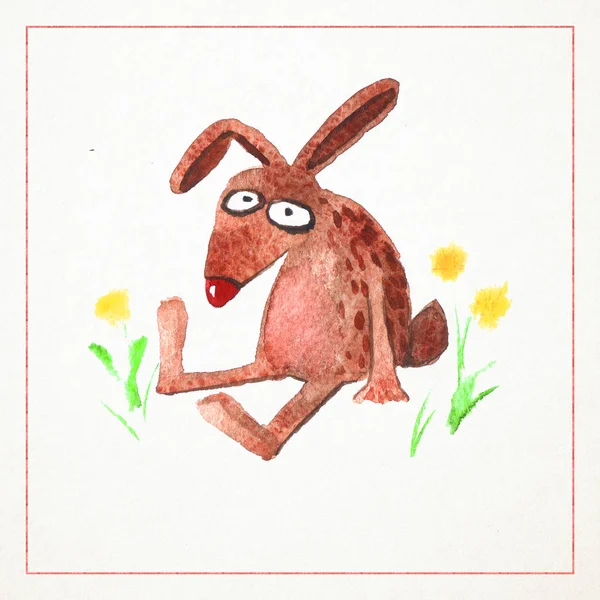 Ручна намальована акварельна листівка зі смішним кроликом — стокове фото