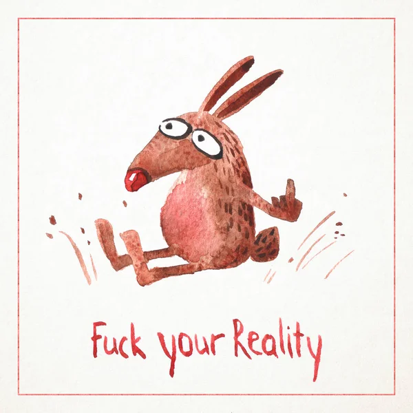 Handritade vattenfärg kort med roliga kanin — Stockfoto