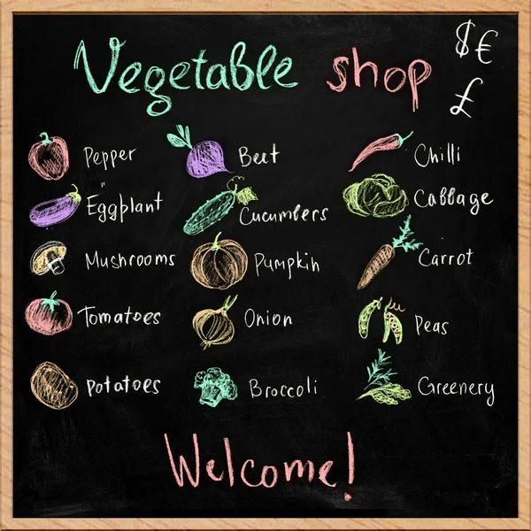 Hand-drawn vegetable shop signboard with chalk drawings — Stock Photo, Image