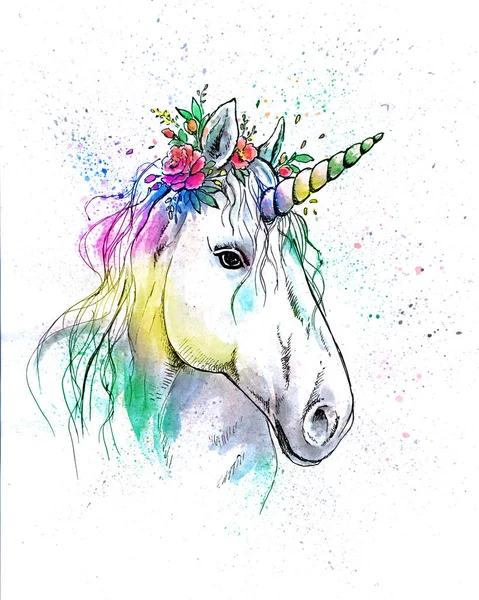Hand drawn watercolor white unicorn head sketch
