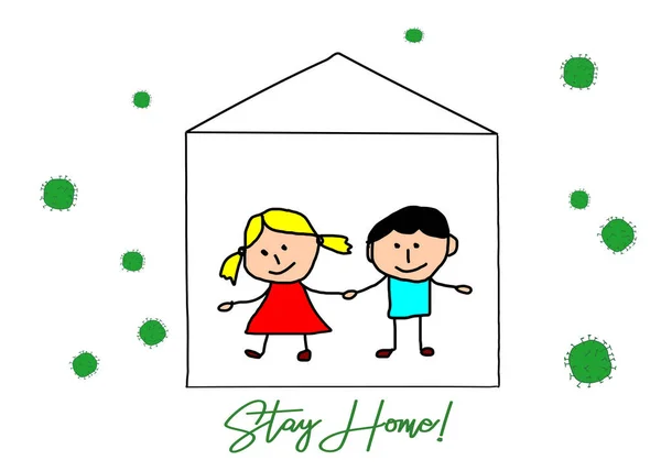 Desenho Crianças Campanha Coronavirus Covid Para Ficar Casa — Fotografia de Stock