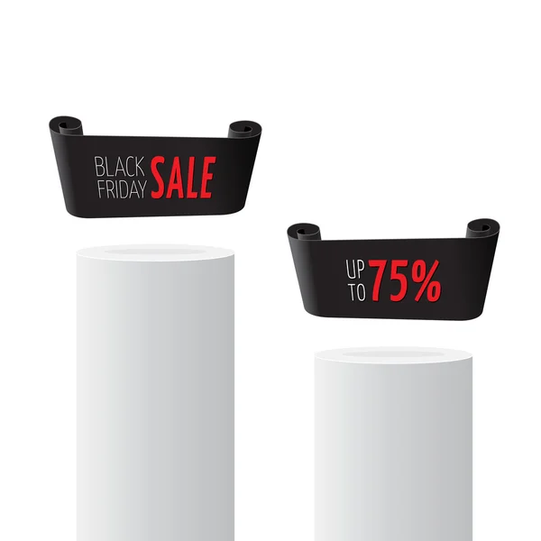 Black realistic curved paper banner on pedestal. Ribbon. Black friday sale. Vector illustration