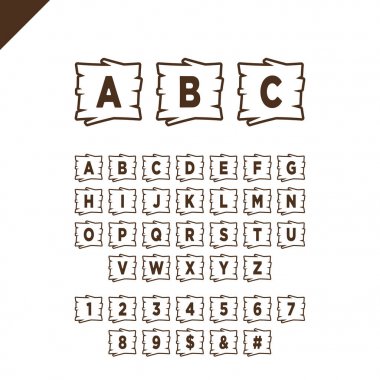 Ahşap Alfabe harf ve rakam ile anahat ahşap doku alanında bloklarla. ABC yazı tipi metin iletisi, başlık veya logo tasarımı için. Beyaz arka plan