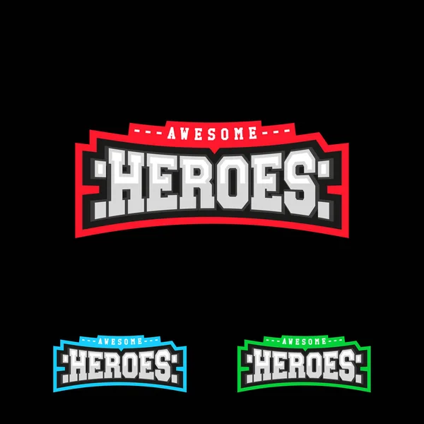 Pahlawan atau logo teks olahraga Superhero. Vektor, diisolasi untuk tipografi t-shirt dalam lambang gaya retro - Stok Vektor
