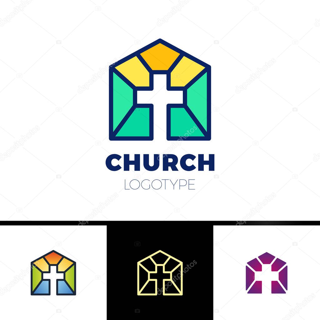 Home Church Logo. House Bible logotype. Calvary cross silhouette orange gradient