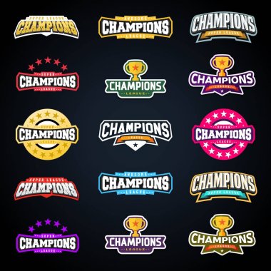 Amblem tipografi küme spor şampiyon veya Şampiyonlar Ligi. T-shirt için süper logo. Mega logo toplama.