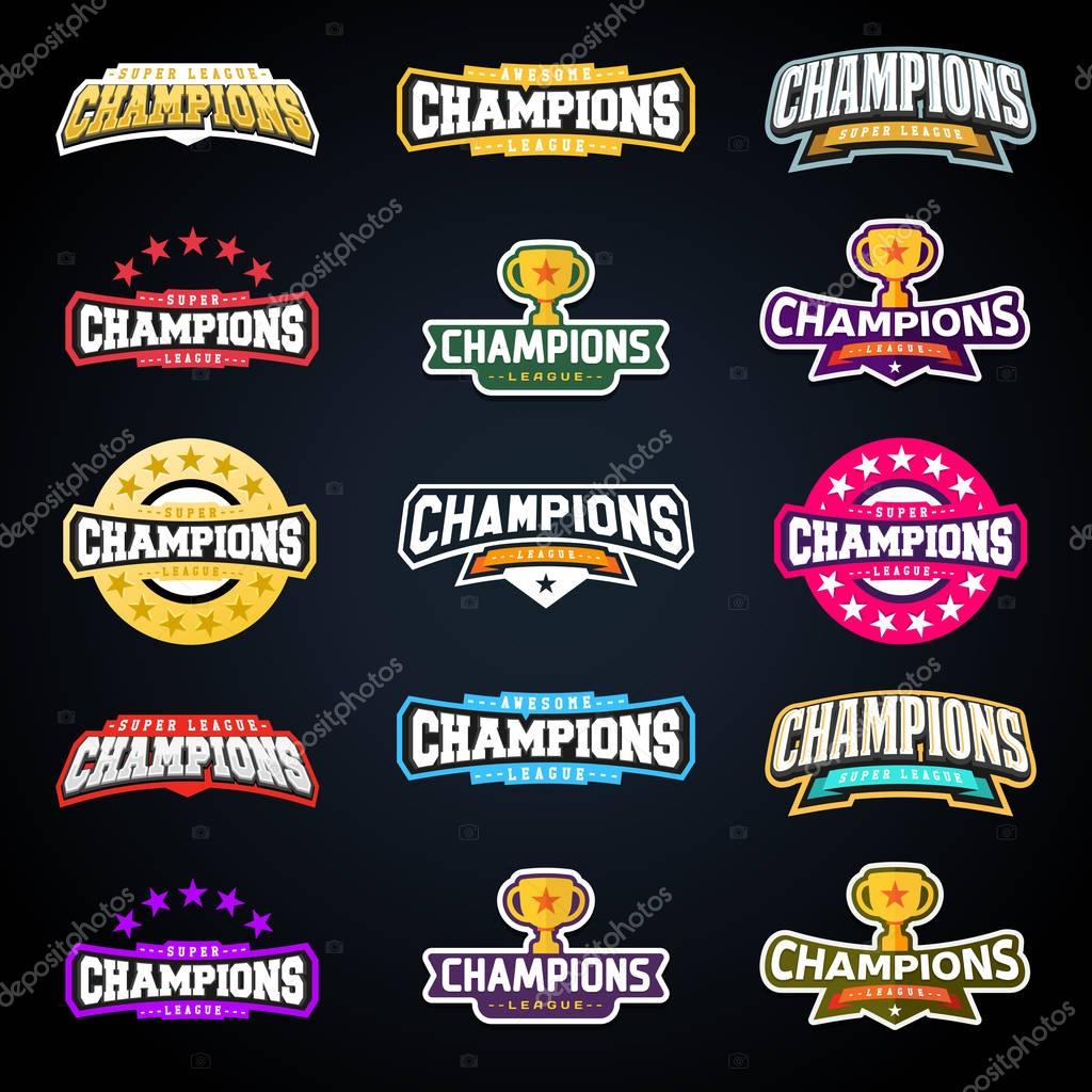 Sport champion or champions league emblem typography set. Super logo for your t-shirt. Mega logotype collection.