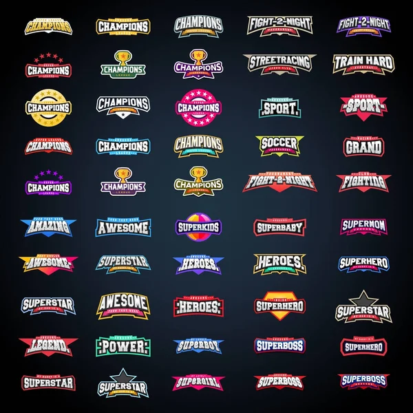 Spor amblemi tipografi ayarlayın. T-shirt için süper logo. Mega logo toplama