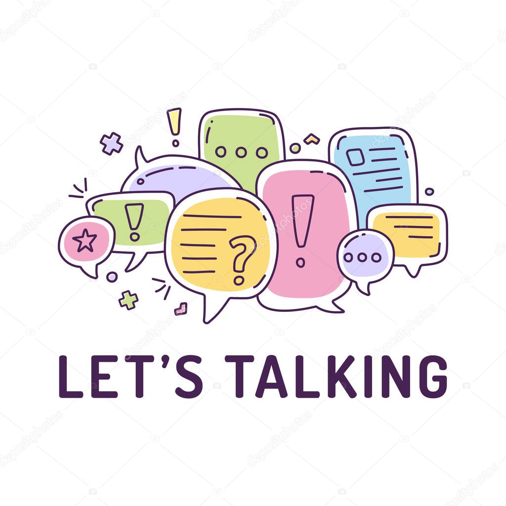 Vector illustration of colorful color dialog speech bubbles with icons and text let s talking on white background. Safety communication thin line design of mobile technology concept