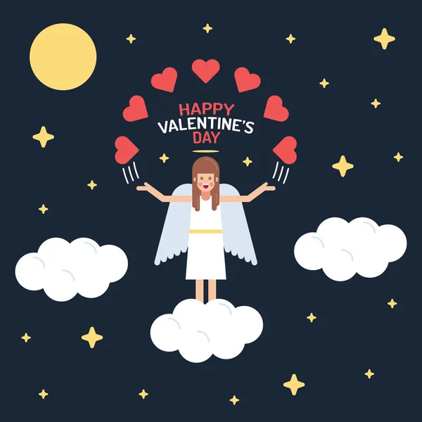 Ángel de San Valentín en la nube y el cielo estrellado con su mano en alto y l — Vector de stock