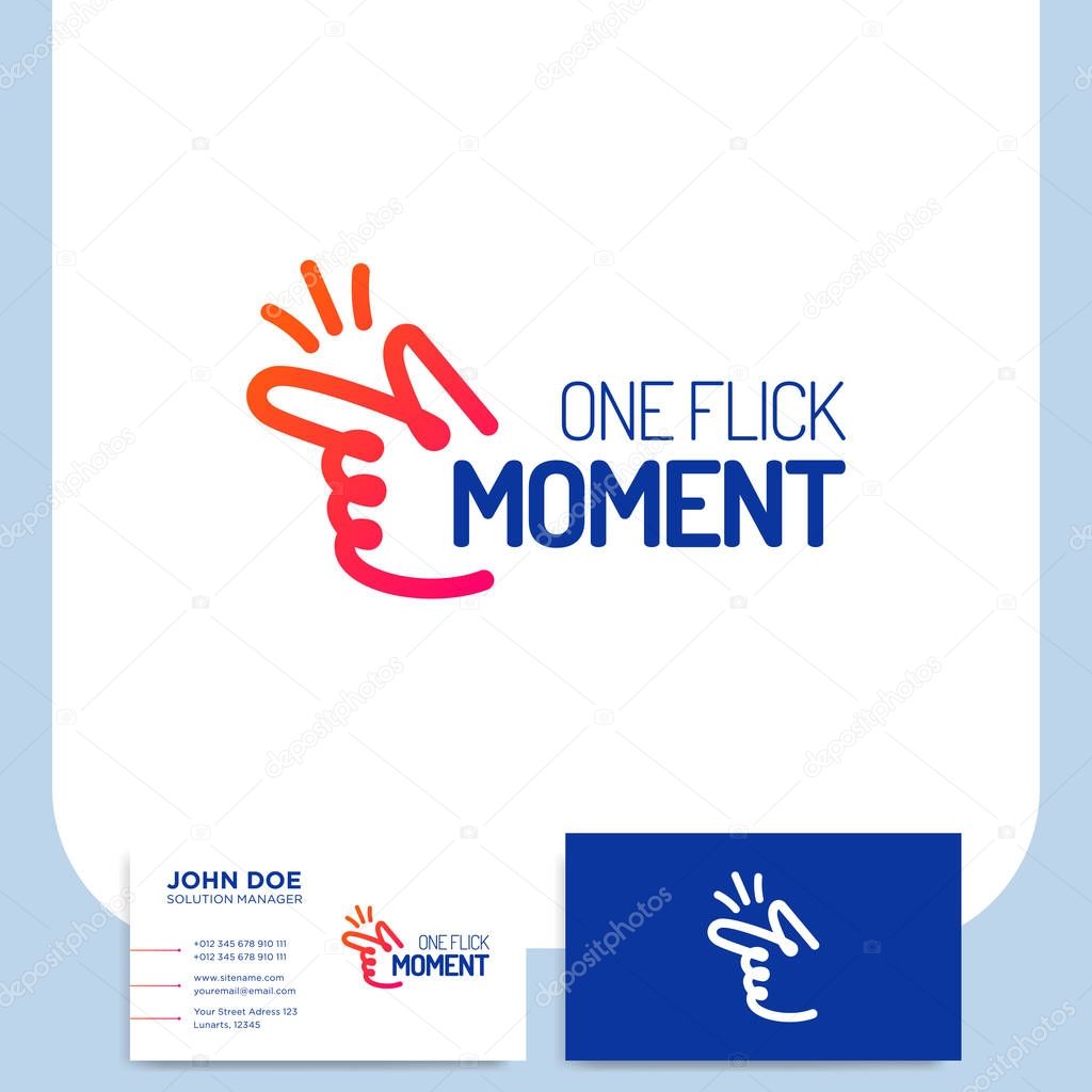 Fingers snap clicking line colorful hand on white background and business card